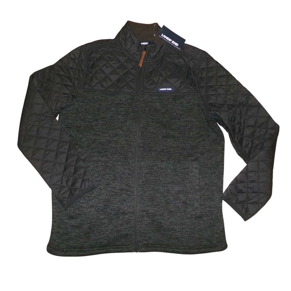 Lands End Mens Hybrid MED Quilted Puffer Knit Sweater Jacket Black Gray NWT